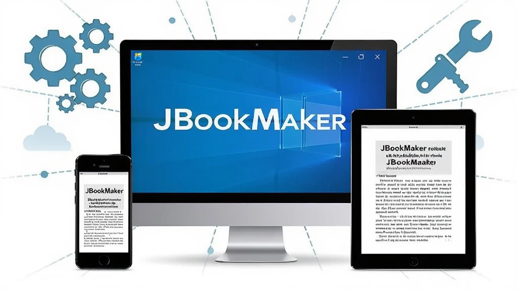 JBookMaker软件运行环境示意图,展示软件在Windows电脑上运行,旁边有手机和平板设备显示生成的电子书,周围有齿轮和工具图标,整体干净清晰,标注软件名称“JBookMaker”