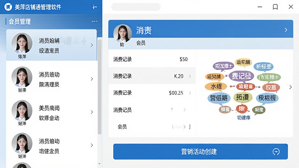 美萍店铺通管理软件会员管理功能界面展示,画面左侧是会员头像列表,右侧展示单个会员的消费记录和标签云,下方有营销活动创建按钮,风格简洁商务,蓝色主调,画质干净无多余元素