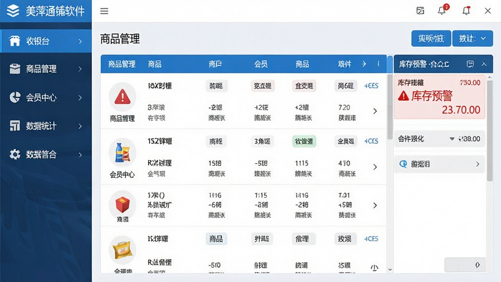 一张展示美萍店铺通管理软件主界面的高清截图,画面中央是清晰的商品列表与库存预警提示,左侧为功能导航栏包含收银台、商品管理、会员中心、数据统计等图标,整体布局简洁明快,色彩以蓝白为主,风格现代商务,画质清晰干净无多余元素