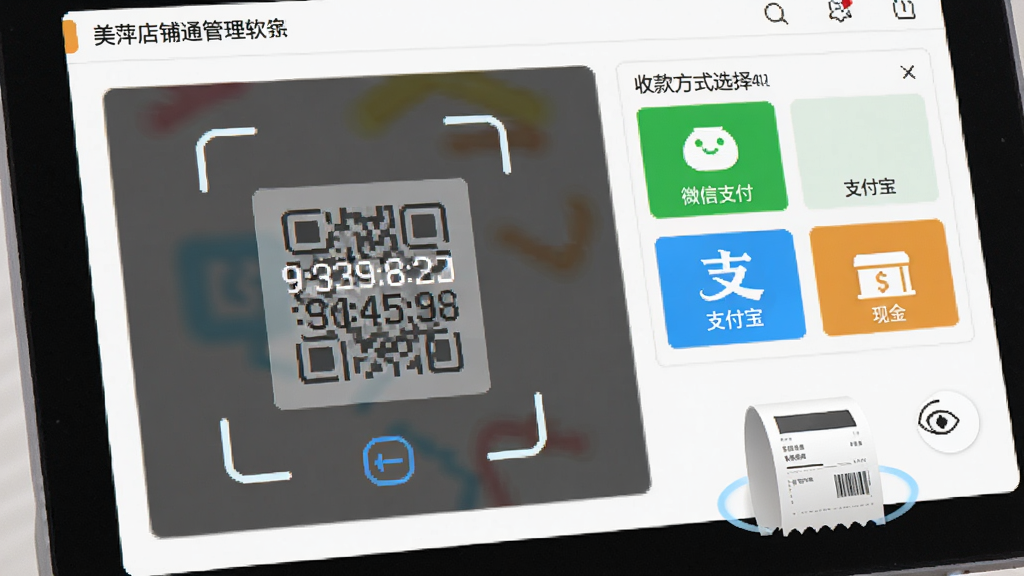 美萍店铺通管理软件收银界面特写,画面中央是扫码框和商品金额,右侧为收款方式选择区包括微信支付、支付宝、现金图标,下方有打印小票的动画效果,整体明亮清晰,风格现代,色彩活泼,画质干净无多余元素