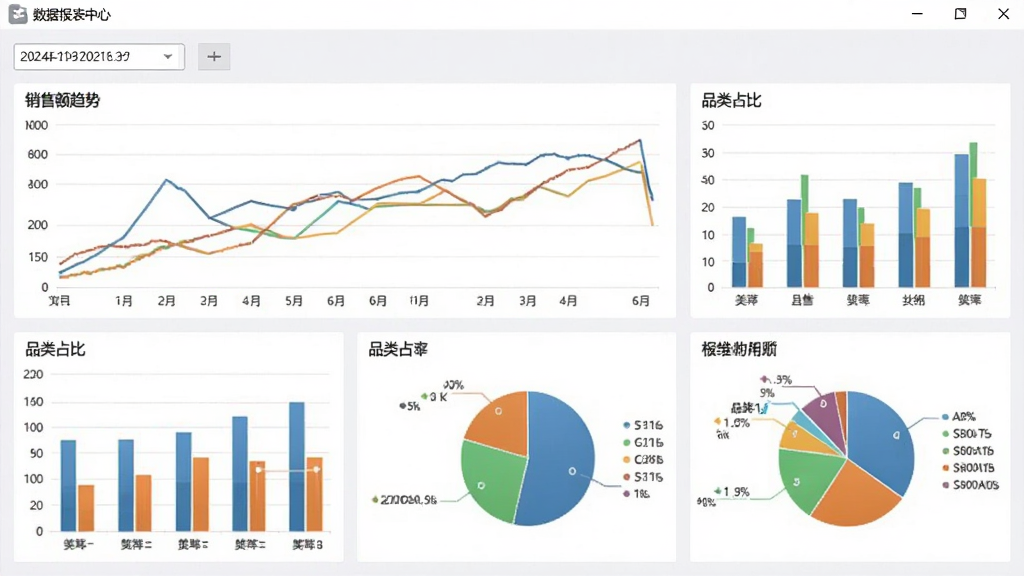 美萍店铺通管理软件数据报表中心的截图,画面由多个折线图、柱状图和饼图组成,展示销售额趋势、品类占比等,左上角有日期筛选器,背景为淡灰色,图表配色清晰易读,风格专业商务,画质干净无多余元素