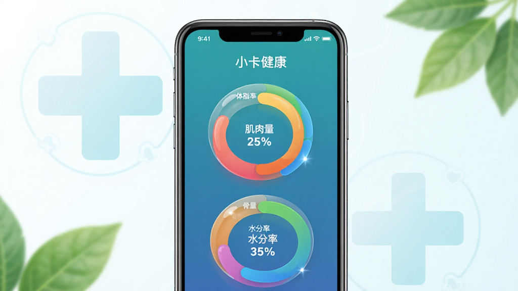 主体为一块展示多个健康指标环形图的手机界面,标注“小卡健康”品牌名称,图表包含体脂率、肌肉量、骨量、水分率等彩色圆环。布局以手机界面居中,背景搭配淡淡的医疗十字与绿叶元素,风格为健康科技感UI设计,细节圆环有渐变光泽,画质干净明亮,无多余元素。