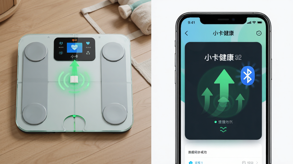主体为智能体脂秤与手机无线连接的数据同步示意图,手机屏幕显示“小卡健康”数据同步动画,带有上升的箭头和闪烁的蓝牙图标。布局采用左右分割式,左侧为体脂秤实物图,右侧为手机界面放大图,风格写实结合UI界面,细节突出连接成功时的绿色高亮光效,画质清晰干净,无多余元素。