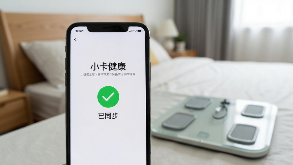 主体为智能手机显示“小卡健康”连接成功提示页,背景是简洁的卧室场景,手机旁边有体脂秤,界面显示绿色对勾与“已同步”字样。布局采用手机居中特写,背景虚化处理,风格生活化实拍风,细节手机屏幕有电池电量图标,画质高清自然,无多余元素。