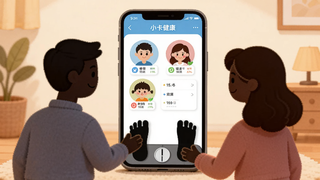 主体为家庭场景下多人使用一台体脂秤的画面,手机屏幕显示“小卡健康”成员列表头像,包括爸爸、妈妈、孩子。布局采用中央构图,人物剪影风格环绕手机界面,风格温馨卡通,细节每个头像下方有各自的小型数据卡,画质柔和干净,无多余元素。