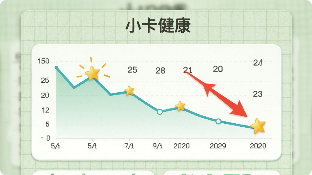 主体为一张折线图与日历组成的健康计划界面,顶部有“小卡健康”字样,图表展示体重下降趋势并标注目标星标。布局采用卡片式排版,背景为淡绿色网格纸质感,风格简洁明快,细节有红色箭头指向目标日期,画质干净整洁,无多余元素。