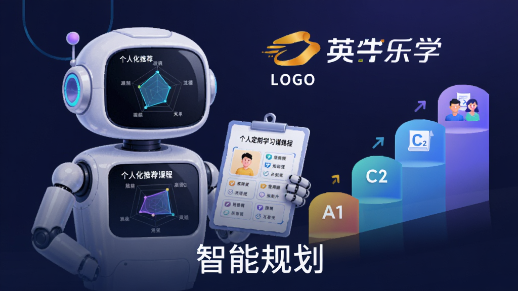 主体:AI机器人手持规划表,为用户定制学习路径,旁边是英孚乐学LOGO。布局:机器人居左,右侧展示阶梯式课程图标(从A1到C2)。排版:画面下方有“智能规划”字样。风格:科技感插画,蓝紫色调。细节:机器人屏幕显示雷达图和个人化推荐课程。画质:高分辨率,干净整洁。