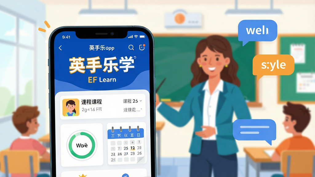 主体:手机屏幕展示英孚乐学APP主界面,背景是明亮的教室和微笑的外教老师。布局:手机位于画面中央偏左,右侧有漂浮的英语单词气泡和对话气泡。排版:主标题“英孚乐学”醒目,下方配英文“EF Learn”。风格:现代扁平化插画风,色彩活泼明快。细节:界面可见课程列表、进度环、打卡日历。画质:高清,干净,无多余元素。