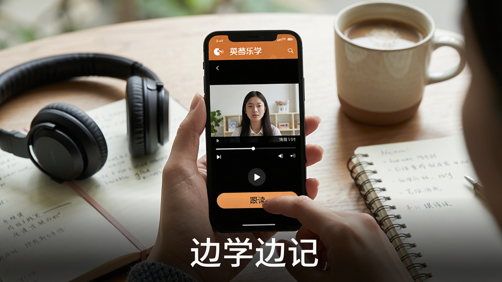主体:用户在手机上操作英孚乐学,屏幕显示课程视频播放中,旁边有耳机和笔记本。布局:手机居中,周围放置笔记、咖啡杯。排版:画面底部有“边学边记”字样。风格:写实摄影风,自然光。细节:屏幕上有播放进度条和“跟读”按钮。画质:超清,无杂乱背景。