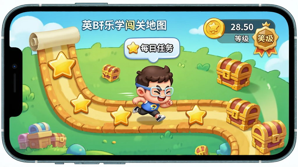 主体:手机展示英孚乐学闯关地图,有卡通角色在跑道上奔跑。布局:地图为横向卷轴,关卡星星和宝箱点缀。排版:右上角显示金币数与等级徽章。风格:Q版卡通,色彩鲜艳。细节:角色头顶显示“每日任务”气泡。画质:清晰,无杂乱元素。