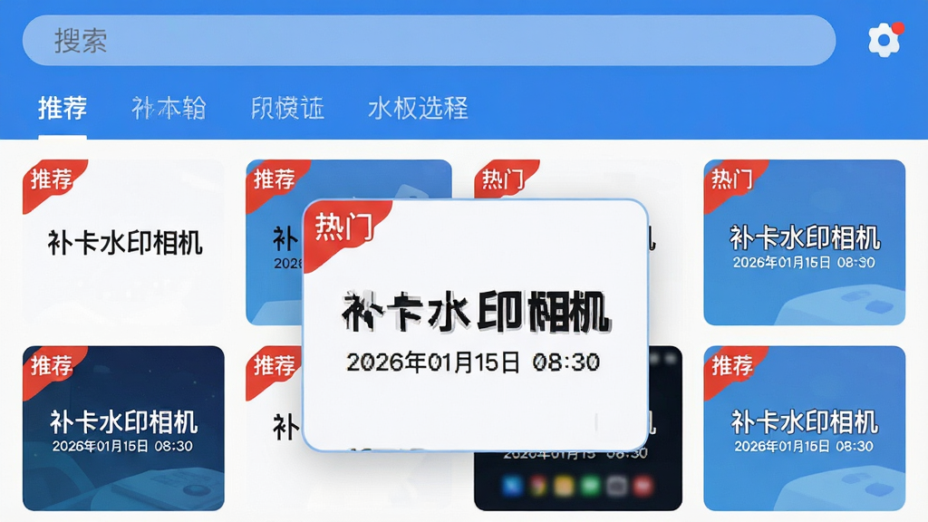主体:补卡水印相机应用内模板选择界面截图。布局:界面以网格形式展示多个水印模板缩略图,每个缩略图左上角有“推荐”或“热门”红色角标。排版:顶部有搜索框,下方模板分类标签横向排列。风格:扁平化UI设计,色彩清爽以蓝色为主色调。细节:其中一个模板被放大预览,显示有“补卡水印相机”与“2026年01月15日 08:30”的字样。画质:细腻,干净,无多余元素。