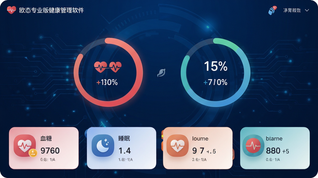 欧态专业版健康管理软件主界面展示,深蓝色科技感背景,中央显示心率与步数环形图表,下方排列血糖、睡眠、血氧等数据卡片,布局清爽,UI扁平化设计,图标圆润,文字标签清晰,整体风格专业且具有现代感,画质高清,细节丰富,无多余元素