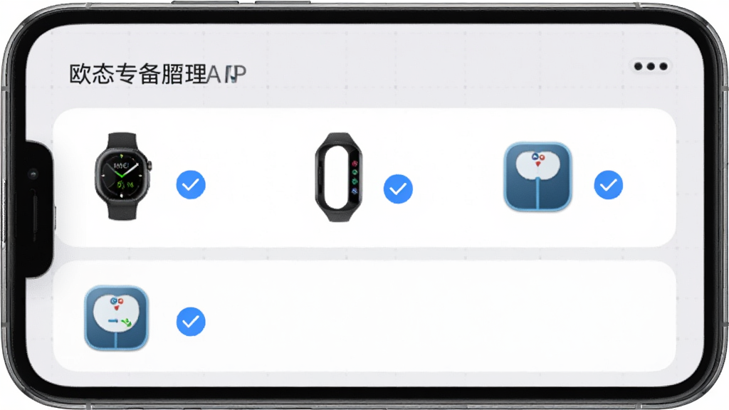 欧态专业版APP中智能手表与手机连接动画示意图,屏幕内显示多设备管理列表,包括手表、手环、体脂秤图标,每个设备旁有蓝色连接成功标志,背景为浅灰色网格,界面干净,科技感强,设备图标精致,文字标注清晰,画质高清,无多余元素