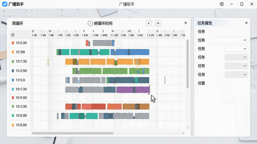 主体:广播助手定时任务编辑界面。布局:屏幕中央为周循环时间轴表格,右侧为任务属性设置面板,背景为浅灰色工作台。排版:表格行清晰,每个时间段用彩色条块标记。风格:现代化、专业、明亮。细节:显示“广播助手”软件名称在顶部菜单栏,鼠标指针指向某个时间块。画质:高清、干净、无多余元素。