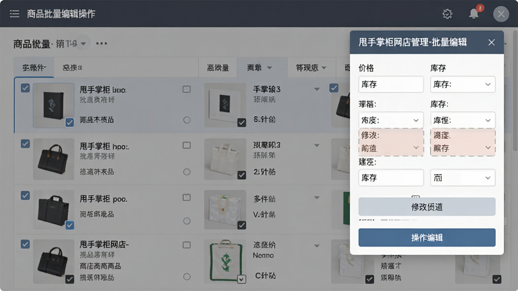 主体:商品批量编辑操作界面,多件商品被勾选,右侧弹出编辑面板,包含价格、库存等字段。布局:商品列表占据主区域,编辑面板悬浮右侧。排版:字段排列整齐,操作按钮清晰。风格:实用商务风格,配色稳重。细节:面板标题显示“甩手掌柜网店管理-批量编辑”,修改项高亮显示。画质:细腻真实,无杂乱元素。