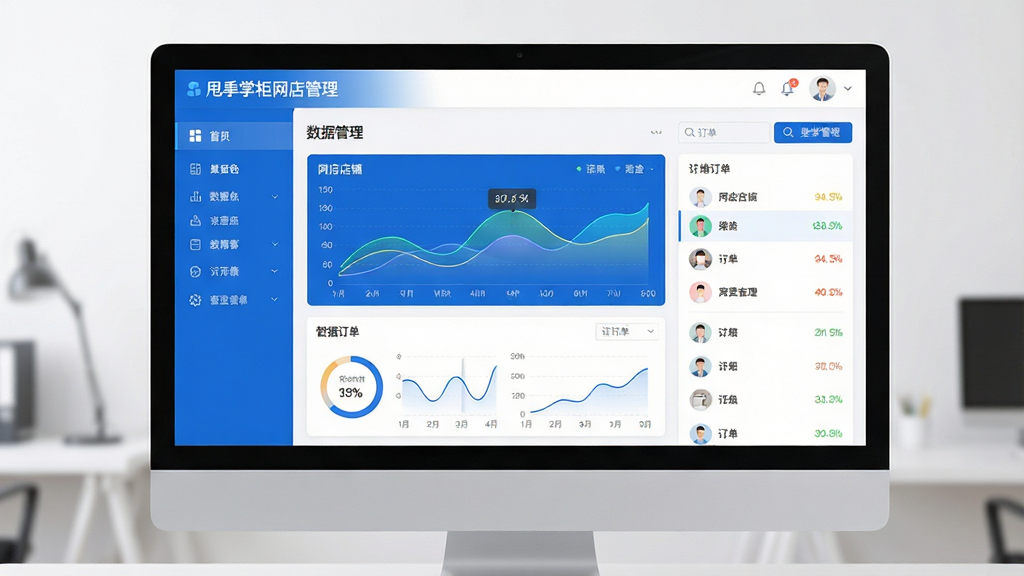 主体:甩手掌柜网店管理软件界面展示,电脑屏幕中显示多店铺管理后台,数据图表与订单列表清晰可见。布局:屏幕居中,左侧功能栏,右侧内容区,界面整洁。排版:现代简洁风格,功能图标有序排列。风格:商务科技感,蓝色主色调搭配白色背景。细节:界面中文字“甩手掌柜网店管理”清晰显示,数据图表线条流畅。画质:高清渲染,干净无多余元素。