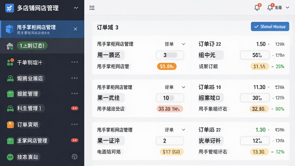主体:多店铺管理界面,左侧列表显示多个店铺名称,右侧展示各店铺订单数据。布局:分栏式布局,店铺列表与订单信息并排。排版:清晰有序,店铺状态用不同颜色标签标识。风格:扁平化设计,色彩明快。细节:店铺名称旁有“甩手掌柜网店管理”字样,订单数据实时更新。画质:高清晰度,界面干净。