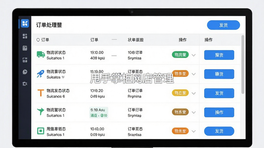 主体:订单处理界面,订单列表整齐排列,物流状态以图标和文字显示。布局:表格形式,订单信息与操作按钮分明。排版:列表滚动流畅,状态标签颜色区分。风格:清爽简洁,信息易读。细节:界面有“甩手掌柜网店管理”水印,发货按钮醒目。画质:高分辨率,界面无多余装饰。