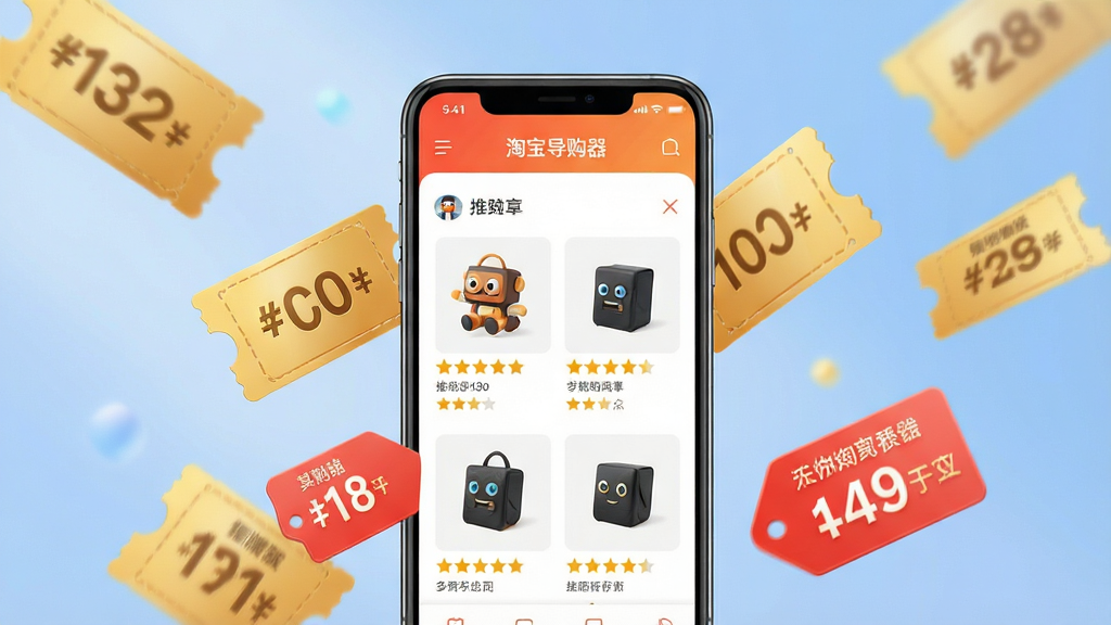 一幅关于“淘宝导购器”的现代科技感宣传图,主体为智能手机屏幕中显示的商品推荐界面,周围环绕金色优惠券与红色价格标签,背景为柔和的蓝色渐变,布局居中,排版大气,风格简约明亮,细节包含商品缩略图与五星好评图标,画质高清干净无多余元素