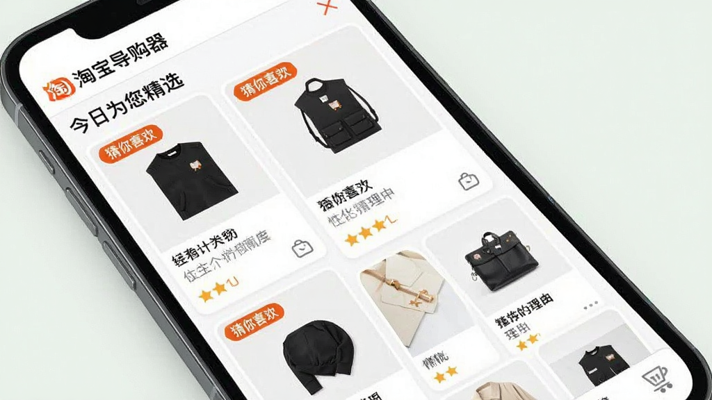 一张“淘宝导购器”智能推荐功能界面截图风格图片,主体为手机界面中“今日为您精选”栏目,展示多件商品卡片,每个卡片带有“猜你喜欢”标签,布局为瀑布流式,排版整齐,风格清新自然,细节突出个性化推荐理由,画质干净无多余元素