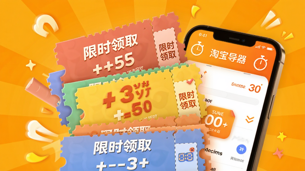 关于“淘宝导购器”优惠券聚合功能的创意图片,主体为堆叠的彩色优惠券与手机界面,券面印有“限时领取”字样,背景为明亮的橙黄色调,布局具有层次感,排版活泼,风格卡通化,细节包含折扣数字与倒计时图标,画质干净无多余元素