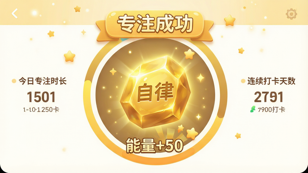 主体:自律石头APP的挖矿成功界面。布局:界面中央显示一块散发金光的矿石,上方有“专注成功”字样,下方有“能量+50”的动画效果。排版:矿石置于圆形进度环内,左右两侧分布着今日专注时长与连续打卡天数。风格:清新卡通风,色彩以暖黄与金色为主。细节:矿石上刻有“自律”二字,背景有飘落的星星粒子。画质:高清渲染,干净,无多余元素。