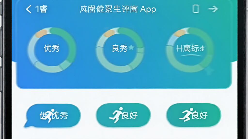 网睿学生健康App体测成绩录入与评估结果页面,屏幕上部显示各项目得分环形图,下方列出“优秀”、“良好”等评级标签,并配有运动小图标,整体界面风格清爽,蓝绿色调,布局整齐,画质干净,无多余元素