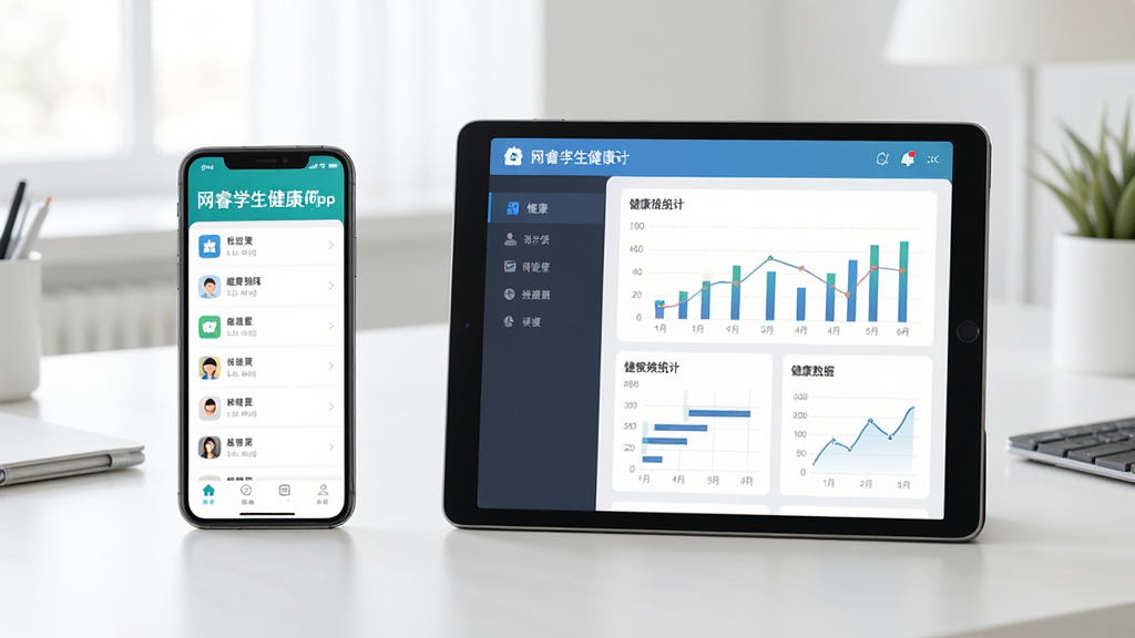 网睿学生健康App在手机和平板上运行的使用场景图,左侧手机显示健康档案列表,右侧平板展示健康数据统计图表,背景为简约办公桌面,光线明亮,布局均衡,画质干净,无多余元素
