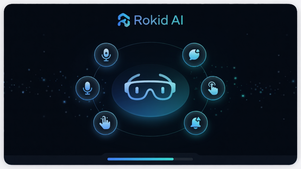 主体:Rokid AI 应用界面,显示智能助手与AR眼镜连接状态。布局:居中显示眼镜设备图标,周围环绕语音、手势、通知等功能图标,界面简洁清晰。排版:上方为产品Logo与名称