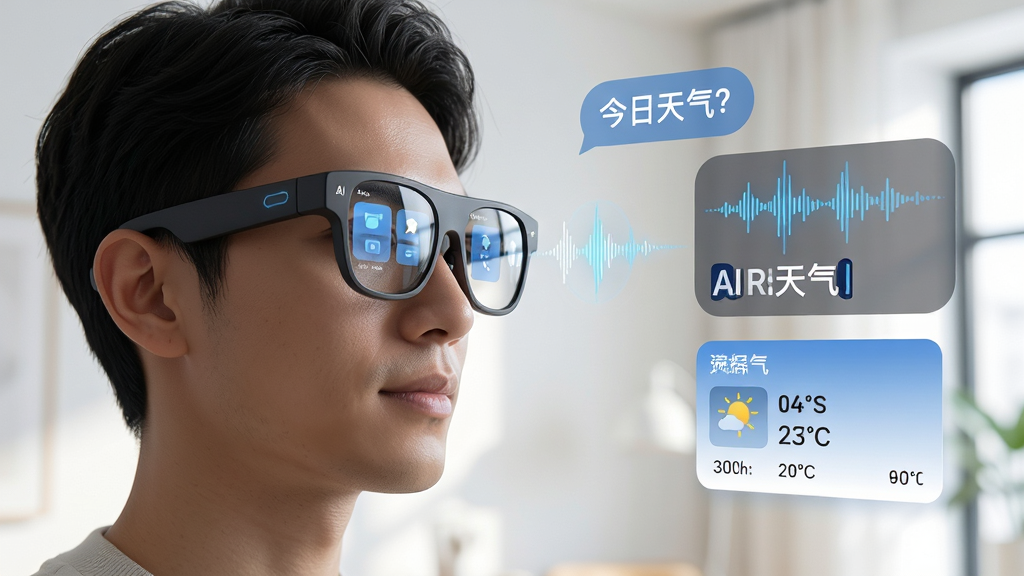 主体:用户佩戴Rokid AR眼镜,正在通过语音与Rokid AI交互。布局:左侧为佩戴眼镜的用户侧影,右侧悬浮显示AI语音助手波形与文字识别结果。排版:对白气泡显示