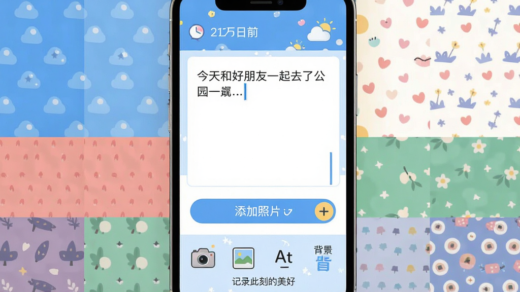 主体:编辑日记的界面,屏幕上有文字输入区域,下方有添加照片的按钮,背景可以选择不同颜色和图案。布局:场景为手机竖屏界面,上方是日期和天气图标,中间是大片文字编辑区,有光标闪烁,下方排列着相机、相册、字体、背景等工具图标。排版:界面整洁,编辑区占屏幕主要面积,工具栏图标清晰,有“记录此刻的美好”字样。风格:清新简约的UI风格,蓝白主色调,搭配可爱的点缀元素。细节:文字区域有示例文本“今天和好朋友一起去了公园...”,照片添加按钮显示“+”。画质:高清,细节丰富,干净,无多余元素。