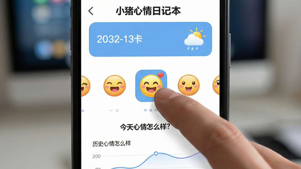 主体:手机屏幕界面特写,界面显示“小猪心情日记本”的心情打卡页面,上方有日期和天气,中间排列着多个可爱的心情表情图标,其中一个正在被手指选中。布局:手机位于画面中心,背景模糊处理,突出手机屏幕内容,界面布局清晰,表情图标排列整齐,下方有打卡按钮。排版:屏幕内元素比例协调,表情图标大小适中,颜色鲜艳,功能区域划分明确。风格:现代扁平化UI设计风格,色彩明亮,细节精致。细节:屏幕上有“今天心情怎么样?”的引导文字,底部有历史心情曲线图缩略,手指轻触一个笑脸图标。画质:高清,屏幕内容清晰可辨,干净,无多余元素。