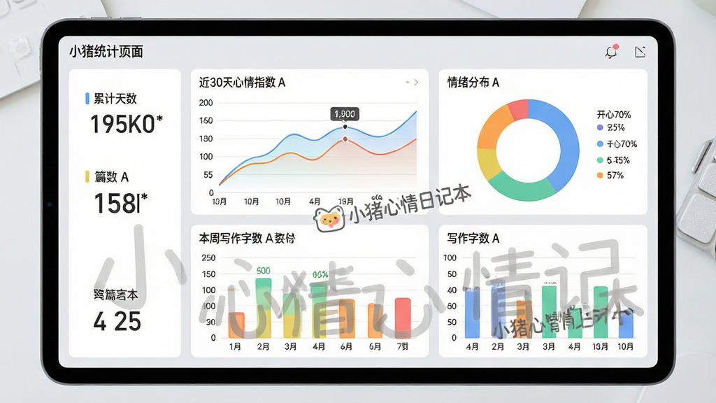 主体:数据统计页面展示,包含折线图、柱状图和环形图,图表上有“小猪心情日记本”的logo水印。布局:画面以平板或手机横屏展示,统计页面分为左右两个区域,左侧显示累计天数和篇数等数字,右侧是情绪分布环形图和写作字数柱状图。排版:图表数据标签清晰,颜色搭配和谐,界面专业但不失活泼。风格:现代数据可视化风格,背景为浅灰色,图表色彩丰富。细节:折线图展示近30天心情指数,柱状图标注“本周写作字数”,环形图有“开心70%”的标注。画质:高清,图表线条锐利,文字清晰,干净,无多余元素。