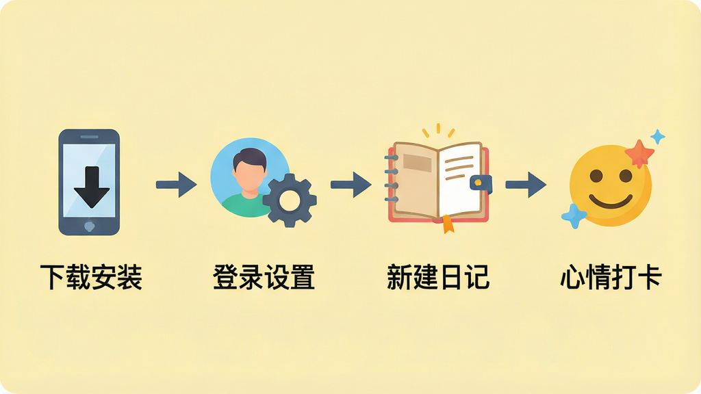 主体:一张使用流程图,从手机下载安装到完成第一篇日记的步骤,每个步骤都有小图标。布局:流程图采用横向排列,共四步,分别是“下载安装”、“登录设置”、“新建日记”、“心情打卡”,每一步下方有简短文字说明。排版:流程步骤之间用箭头连接,图标采用扁平化风格,背景为浅黄色,整体直观清晰。风格:简洁的信息图风格,色彩明快,适合教学场景。细节:第一步图标是手机和下载箭头,第二步是头像和设置齿轮,第三步是打开日记本,第四步是笑脸表情。画质:高清,图形边缘平滑,干净,无多余元素。