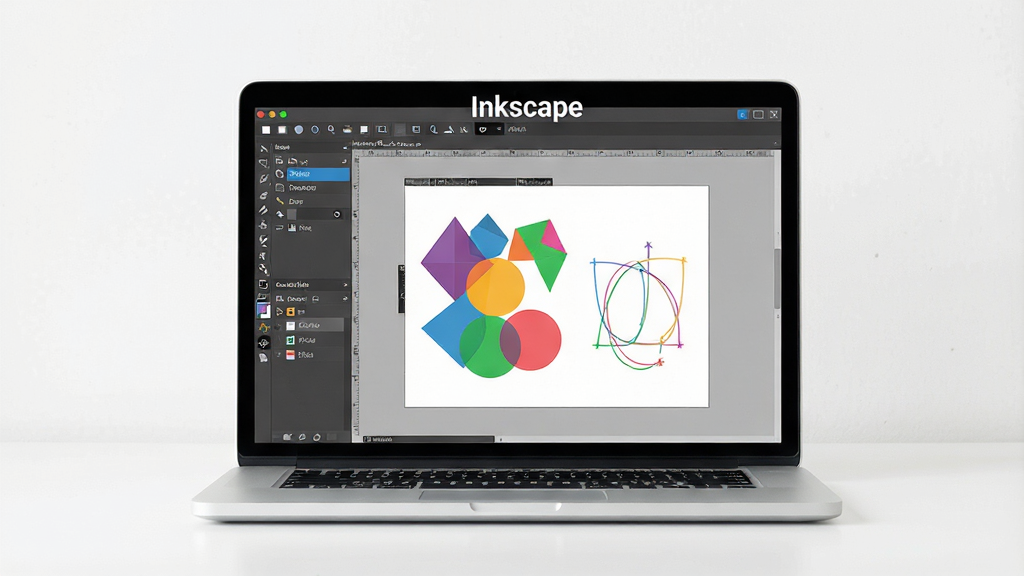 һ���ִ���Լ���İ칫���泡��������������һ̨������Inkscape�����ıʼǱ����ԣ���Ļ��չʾ��ɫ�ʷḻ��ʸ��ͼ����ƽ��棬������������ͼ�����ͻ������������м���ͼ�κͱ���������·�������������������������ơ�Inkscape���԰�ɫ������ʾ�ڽ��涥�������岼�����࣬���ʸ��壬�ɾ��޶���Ԫ��