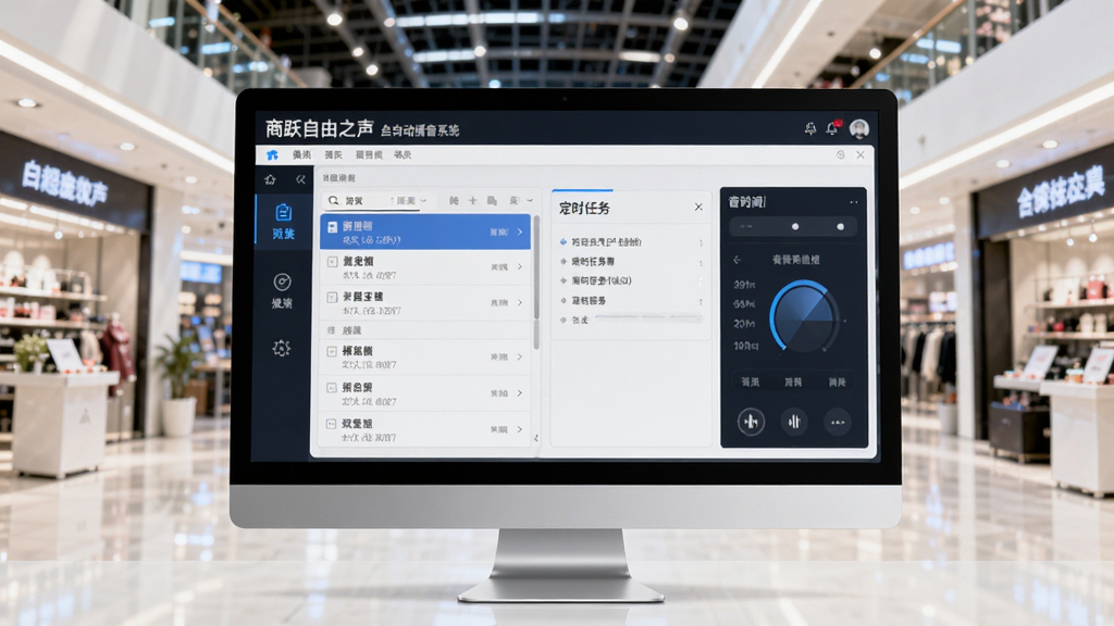 主视觉图,展示商跃自由之声商超影院全自动播音系统软件界面在电脑屏幕上运行,背景是明亮的现代化商超内部环境,界面清晰显示播放列表、定时任务和音量控制面板,整体风格科技感与商业感结合,画质干净无多余元素