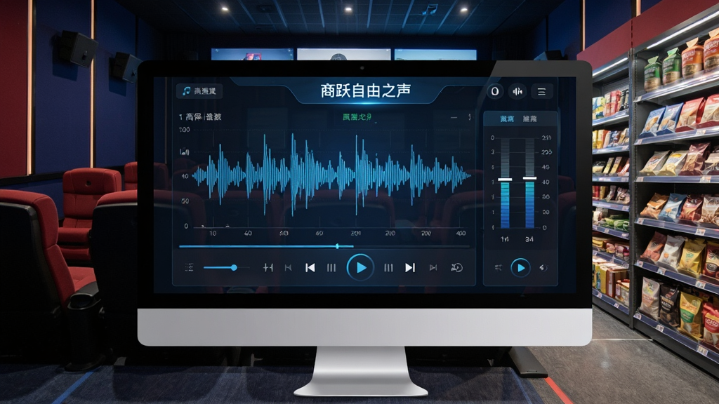 音频波形与均衡器界面,背景为影院座位与商超货架融合,电脑屏幕显示“商跃自由之声”播放器正在播放高保真音乐,波形细腻,界面科技蓝调,细节丰富,画质干净
