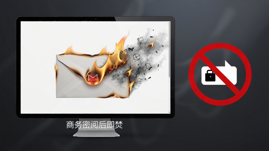 商务密邮阅后即焚功能演示,一封邮件在屏幕上燃烧化为灰烬,旁边有禁止转发图标,背景为渐变深灰色,风格简约现代,突出安全销毁感,画质干净清晰