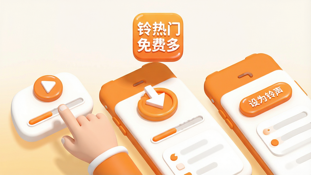 一组操作流程的3D等距插图,从左至右展示:手指点击播放按钮试听、点击下载箭头保存、点击“设为铃声”按钮。画面上方悬浮着“铃声热门免费多”的Logo,整体色调明亮,以橙色和白色为主,UI元素圆润可爱,风格清新活泼。布局清晰直观,细节如进度条、按钮高光都得到精细刻画,画质干净,无多余元素。