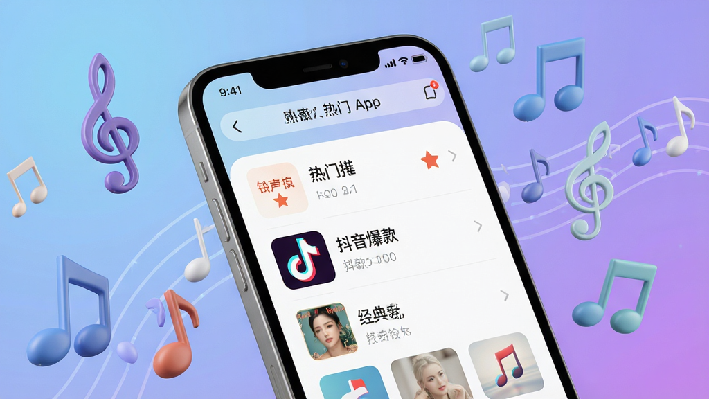 一张智能手机屏幕的特写,屏幕上正展示着铃声热门免费多App的精选铃声界面,界面布局清晰,列表上显示着“热门推荐”、“抖音爆款”、“经典老歌”等分类标签。手机周围散落着音乐符号和音符的3D立体元素,背景是柔和的渐变蓝色与紫色,营造出科技感与音乐律动感。画面整体明亮清晰,排版干净,风格现代简约,细节丰富,画质高清,干净,无多余元素。