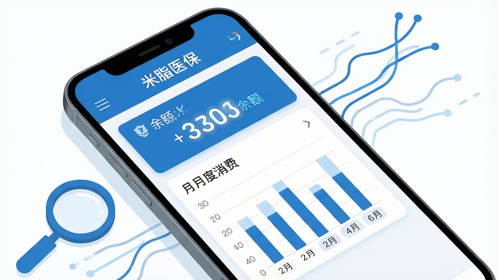 主体:智能手机展示米脂医保APP的“账户查询”界面,屏幕显示余额数字与月度消费柱状图。布局:手机斜放,周围有放大镜图标与数据线条装饰。排版:信息层级分明,重点数据高亮。风格:扁平化设计,蓝白配色,清爽直观。细节:图表线条流畅,数字清晰,界面有“米脂医保”标识。画质:高清,干净,无多余元素。