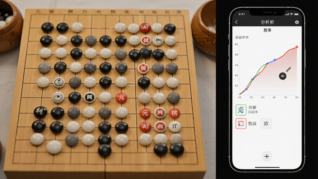 元萝卜棋力挑战对弈界面,主体为棋盘实拍与手机分析界面同框,布局棋盘在左,手机在右显示胜率曲线与落子标记,排版专业,风格写实结合科技感,细节有黑白棋子与红色AI推荐点,画质通透清晰,干净无多余元素