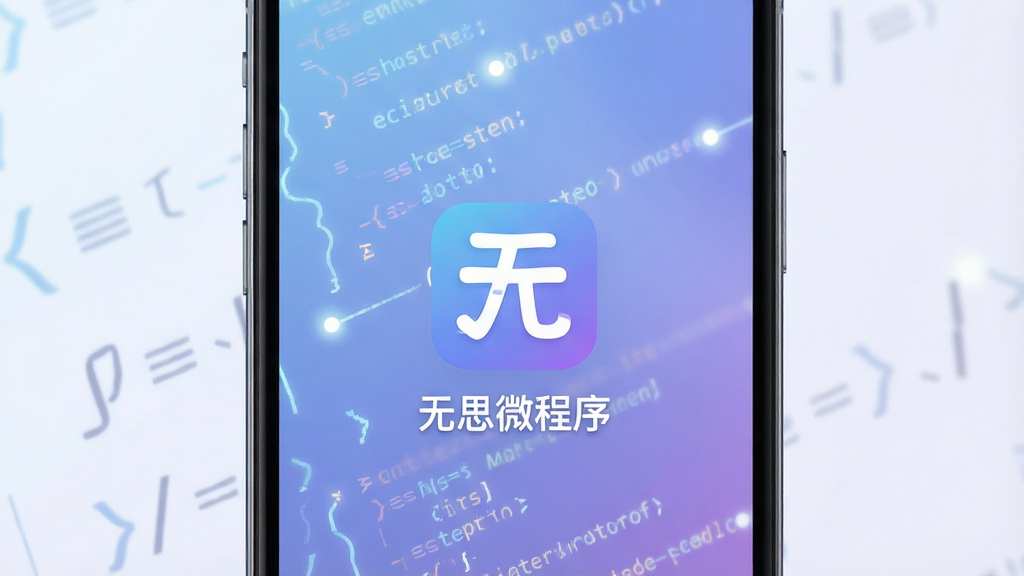 一张现代简约风格的手机界面特写,屏幕中央显示“无思微程序”的应用图标与名称,背景为柔和的渐变蓝紫色,画面干净明亮,突出AI智能编程的主题。主体为手机设备,布局居中,排版简洁,风格科技感十足,细节包括屏幕上的代码线条与光点,画质高清,干净无多余元素。