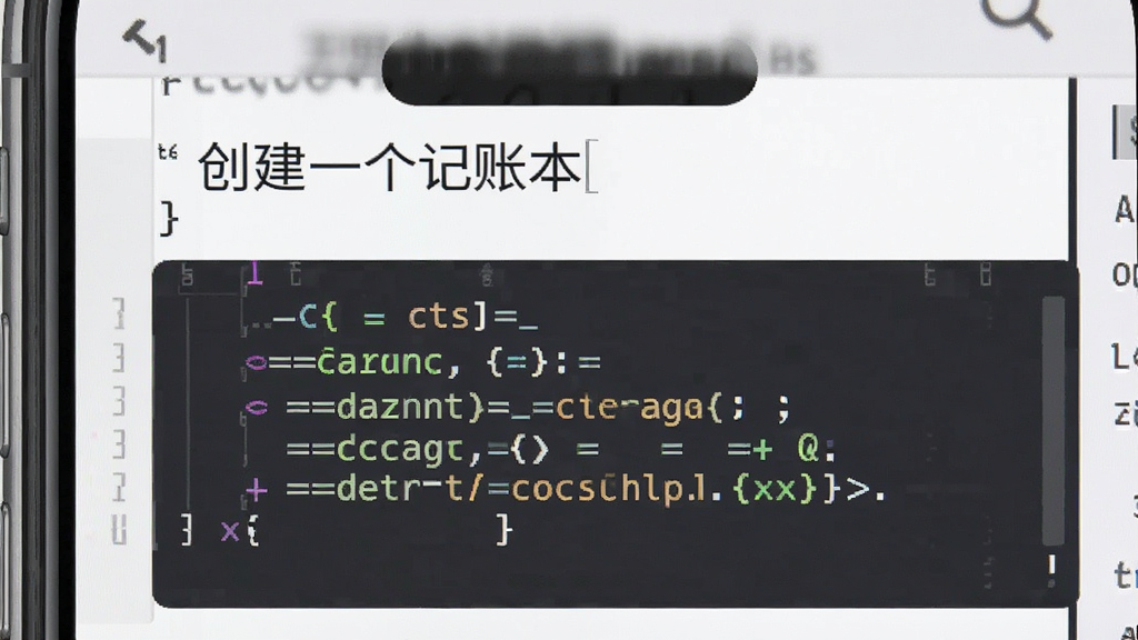 展示无思微程序的自然语言编程界面,用户输入一行中文指令“创建一个记账本”,下方自动生成彩色代码块。主体为手机屏幕截图,布局上下结构,排版清晰,风格扁平化设计,细节高亮语法关键字,画质锐利,干净无多余元素。
