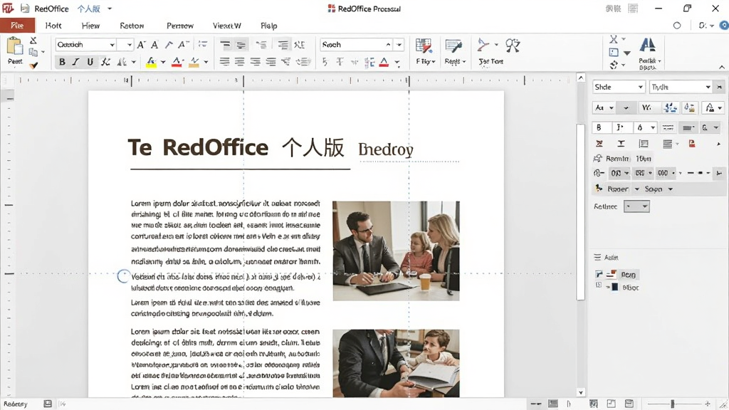 RedOffice 个人版文字处理界面,正在编辑一份图文并茂的文档,显示有标题和段落文本,右侧有格式调整面板,界面清晰,展示软件编辑功能,画质干净