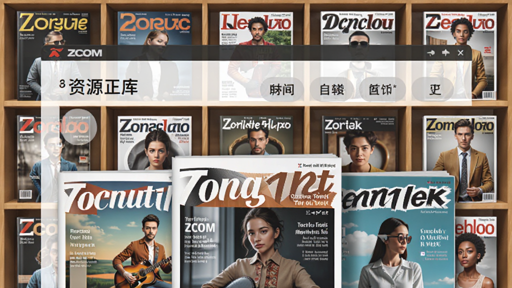 主体为ZCOM杂志订阅器软件的资源库页面,背景是模拟书架,上面摆满各类杂志,前景是放大的杂志封面,展示高清图文排版。布局采用网格形式,疏朗有序。风格为扁平化结合轻微立体阴影,色彩丰富但不杂乱。细节体现杂志种类的多样性,画质锐利干净,无多余元素。
