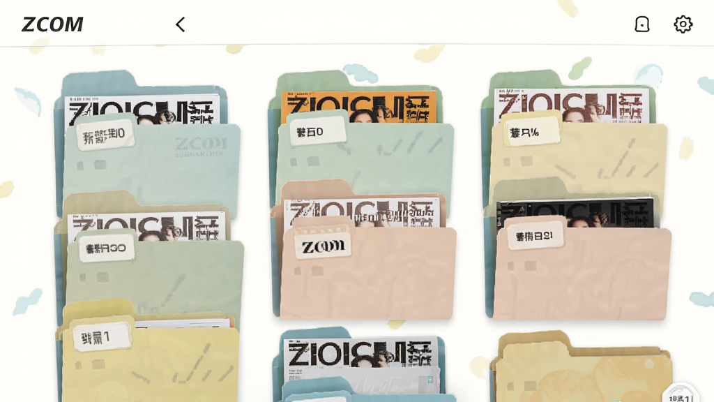 主体为ZCOM杂志订阅器的个人书架界面,画面中央是多个文件夹样式的分类,每个文件夹内露出部分杂志封面。布局活泼,错落有致。风格清新自然,色彩柔和。细节上突出文件夹标签和封面缩略图的质感,画质清晰干净,无多余元素。