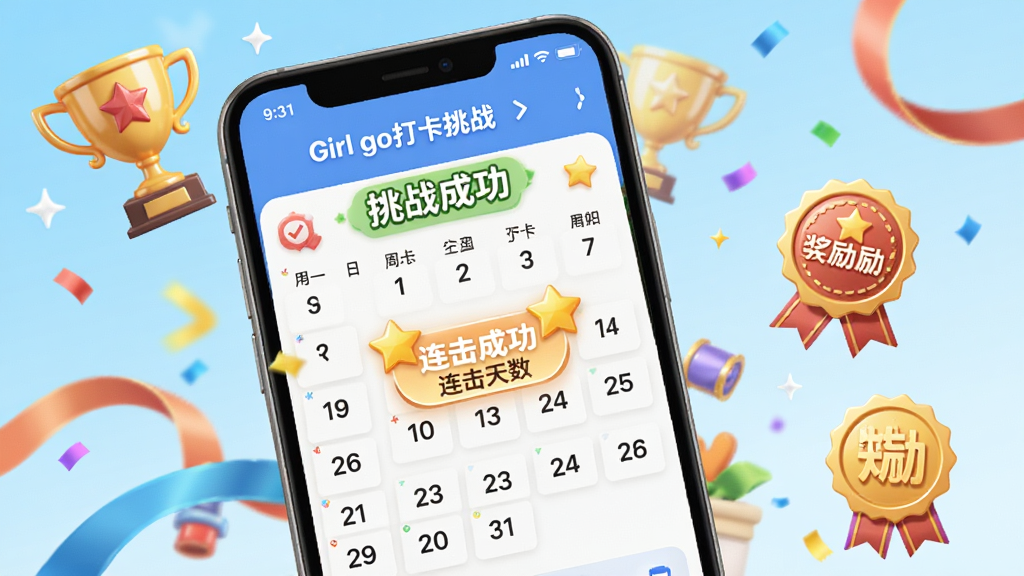 展示Girl go打卡挑战页面的预览图,主体为手机屏幕显示连续打卡日历和奖励徽章,包含奖杯和彩带元素,布局错落有致,排版活泼,风格积极向上,细节标注“挑战成功”和“连击天数”,画质明亮干净