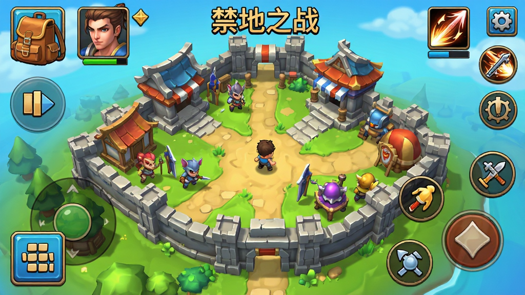 禁地之战游戏操作界面截图,显示游戏主城场景,画面中有多个功能按钮包括背包、角色、技能等,右下角是摇杆与攻击键,界面布局清晰,色彩鲜艳,风格为手机游戏UI,画质高清,干净无多余元素。