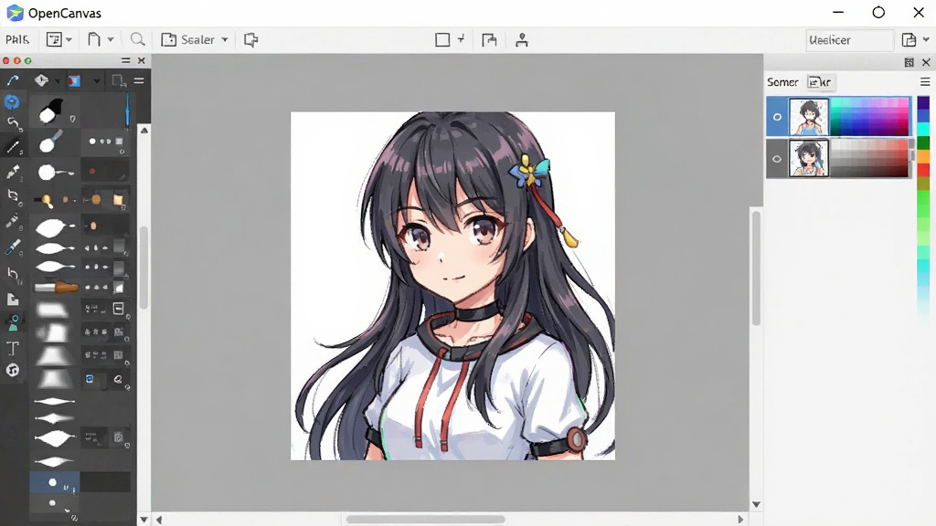 OpenCanvas绘画软件主界面展示,左侧为笔刷工具栏,右侧为图层与颜色面板,中央画布上有一幅半完成的动漫角色插画,整体界面简洁明亮,布局合理,风格现代,画质清晰,干净无多余元素